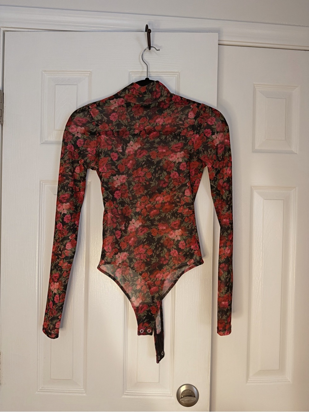 Good American Floral Mesh Long Sleeve Bodysuit in Black and Red